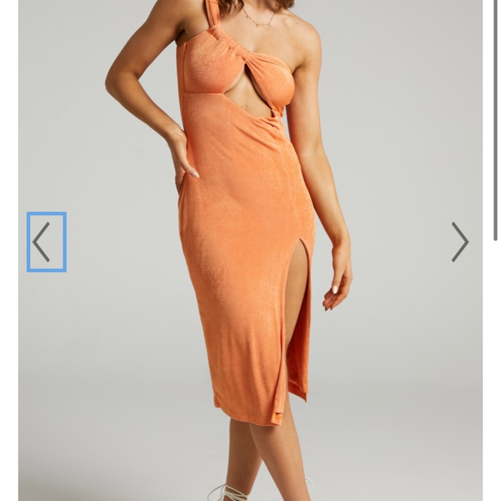 Cute orange one shoulder dress with cutout.